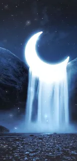 A crescent moon transforms into a waterfall under a starry night sky.