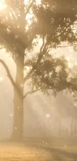 Serene morning light through trees, with a soft golden glow and mist.