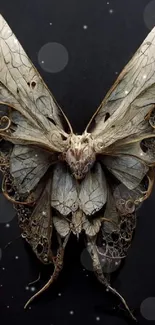 Ethereal moth with ornate wings on a dark background, ideal for phone wallpaper.