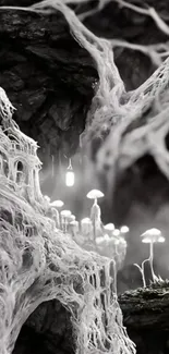 Monochrome cave with glowing mushrooms.