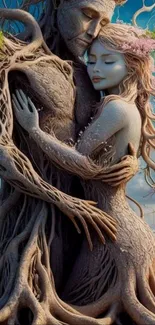 Artistic nature spirits embrace in imaginative wallpaper.