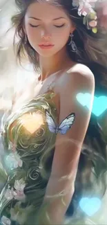 Ethereal fairy with butterflies and flowers.