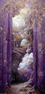 Ethereal purple portal with nature roots and curtains.