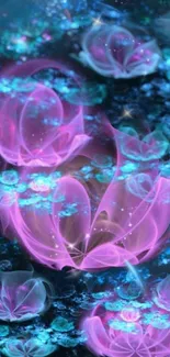 Ethereal neon floral wallpaper with pink and blue digital art.