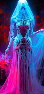 Neon skeleton bride glowing in blue and pink with a veil and bouquet.