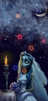 Gothic bride with candle under a starry, moonlit sky.