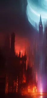 Ethereal fantasy cityscape with glowing towers under a moonlit sky.