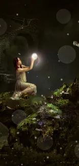 Fantasy art with woman holding glowing orb in dark, mystical forest.