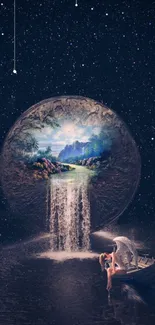 Fantasy night scene with a celestial waterfall and mystical boat.