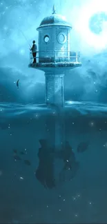 Lighthouse on ocean under the moonlit night sky.