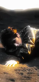 Human lying in ethereal light on sand