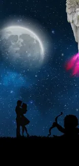 Silhouetted couple under a starry sky with a moonlit landscape and angelic figure.