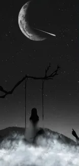 Enchanting night sky with moon and silhouette on a swing under shooting star.