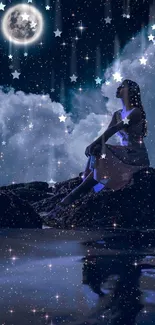 Woman under starry night with moon reflection.