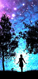 Silhouette of a girl under a vibrant night sky with stars.