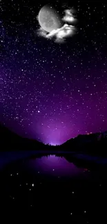 Ethereal night sky wallpaper with glowing moon and starry purple background.