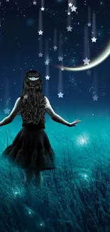 Girl stands in glowing, dreamy night sky with a crescent moon.