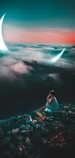 Woman sits near crescent moon in cloudy night sky.