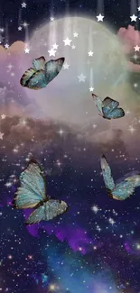 Butterflies fluttering in a starry night sky with a luminous full moon.