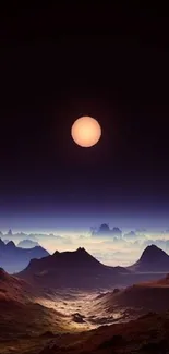 Ethereal night sky with glowing moon over distant mountains.