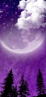 Ethereal purple night sky wallpaper with stars, moon, and trees silhouetted.