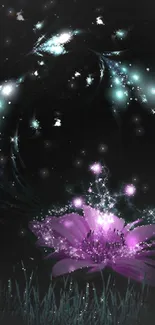 Ethereal wallpaper with purple flower and sparkling night scene.