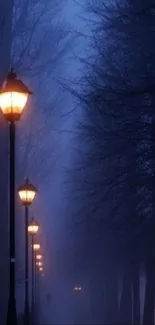 Night street with glowing lamps and misty trees.