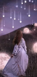 Woman in flowing dress walks under glowing moons in an ethereal nightscape.