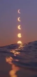 Ethereal view of sun and moon phases over ocean waves.