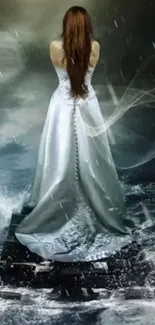 Fantasy wallpaper of woman in gown over stormy ocean backdrop.