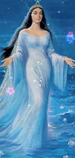 Ocean goddess in blue with celestial elements.