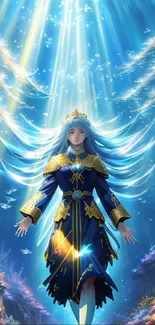 Ethereal ocean goddess in radiant light, underwater fantasy art wallpaper.