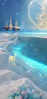 Ethereal ocean with moonlight, glowing deer, and sailboats.