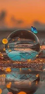 Ethereal ocean bubble with butterfly at sunset.