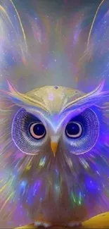 Ethereal owl with colorful feathers and bright blue luminescent wings.