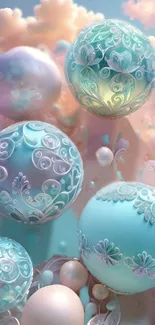 Ethereal pastel wallpaper with ornate spheres and dreamy clouds.