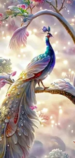 Ethereal peacock perched on a mystical tree.
