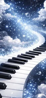 Dreamy celestial piano pathway through clouds and stars.