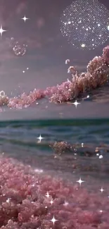 Ethereal pink beach and sky with serene atmosphere.