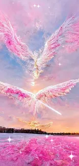 Pink feathered wings in a serene sky.