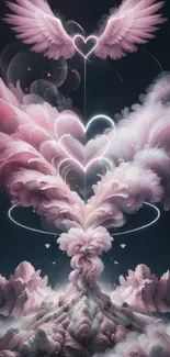 Dreamy pink heart and cloud mobile wallpaper.