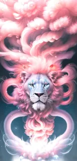 Majestic lion with flowing pink clouds in a fantasy wallpaper.