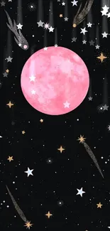 Ethereal pink moon with stars and comets on a black background.