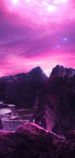 Ethereal pink landscape with celestial sky over mountains.
