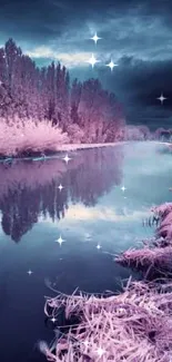 Surreal pink river scene with mystical skies and serene surroundings.