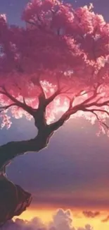 Majestic pink tree against twilight sky on a mobile wallpaper.