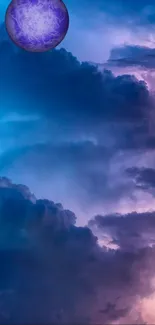 Surreal wallpaper with a purple planet and blue clouds.