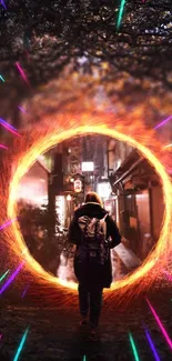 Mobile wallpaper of a fiery portal in a city alley, with colorful neon beams.