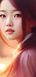 Ethereal portrait of a young woman in soft warm lighting for mobile wallpaper.