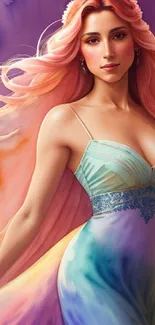 Ethereal woman in colorful dress with flowing hair on a dreamy background.